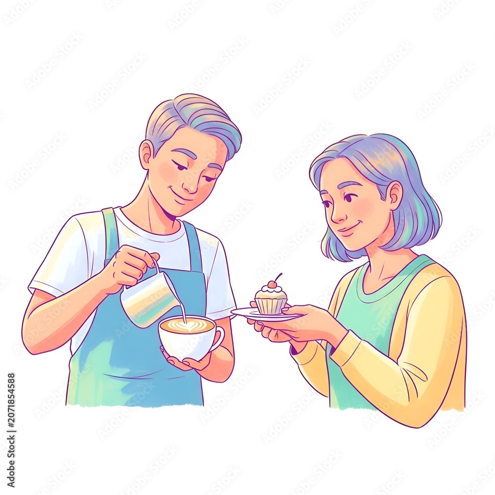 Fototapeta premium Barista making latte art and woman holding a cupcake