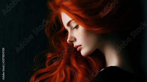 Crimson Cascade: A stunning portrait of a young woman with vibrant, flowing red hair, her eyes gently closed, exuding an aura of serene contemplation and natural beauty.