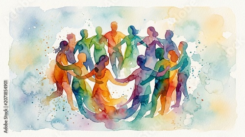 Diverse people holding hands in circle, watercolor illustration