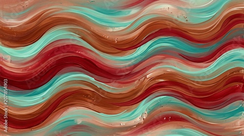 Wavy abstract pattern with red, brown and turquoise colors