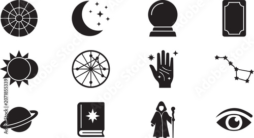 Foto Mystic, astrology, magic icons set, 10 black vector symbols