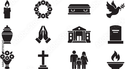 Quadro em tela Funeral, burial, and memorial icons, black silhouette set, 12 symbols, vector gr