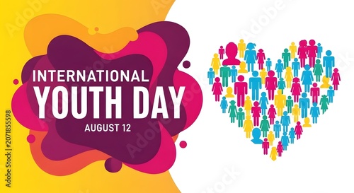 International youth day august 12 colorful heart shape formed by diverse group of people icons on abstract background with international abstract community