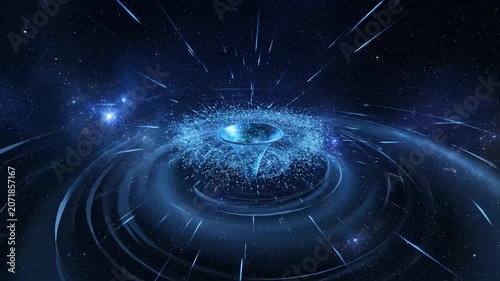 Abstract Blue Energy Vortex in Dark Space with Glowing Particles and Light Trails.