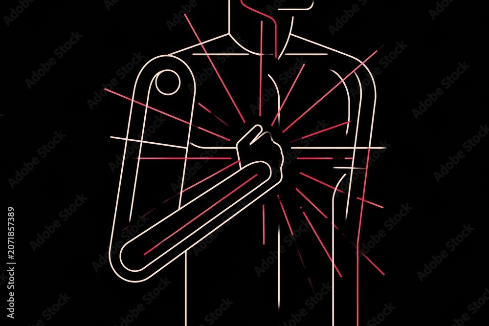 Obraz premium Illustration displays heart attack warning signs on adult body with pain lines radiating from chest to arm and jaw area.