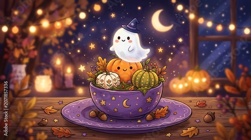 Cute little ghost with pumpkins in a bowl at night illustration