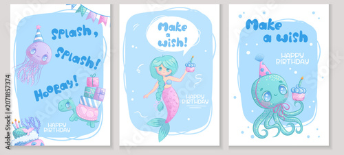 A set of children's greeting cards with cute sea animals. Octopus, jellyfish, turtle, mermaid. Handwritten inscription. Vector illustration for postcards and posters.