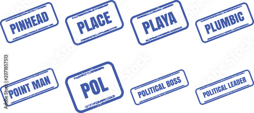 Set of blue rubber stamps with various words starting with p stamp vector design set