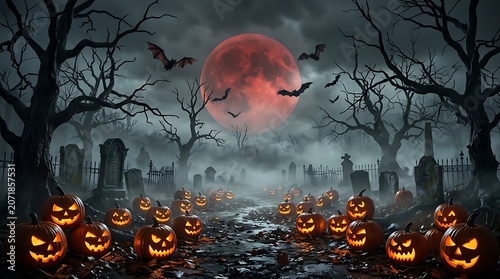 Scary Halloween pumpkins in a dark foggy cemetery at night illustration