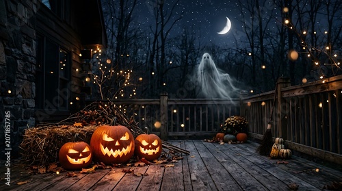 Scary Halloween pumpkins on a dark porch with ghost illustration