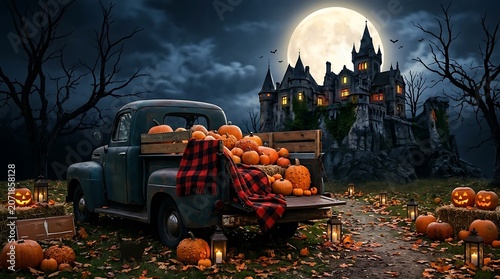 Vintage truck with pumpkins near haunted castle at night illustration