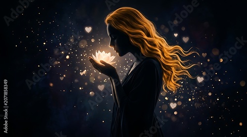 Woman silhouette holding glowing light with hearts illustration