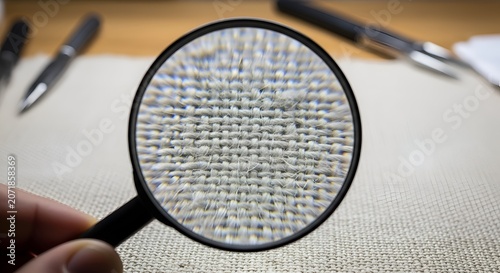 Magnifying glass examining fabric texture close up view.