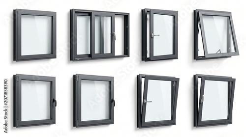 Modern Dark Gray Aluminum Window Frame Styles and Types Collection on White Background