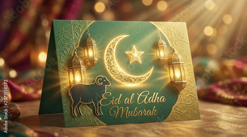 Luxurious Eid al Adha Mubarak greeting card. Green and gold design with crescent moon, star, lanterns, and ram silhouette. Islamic festival background
