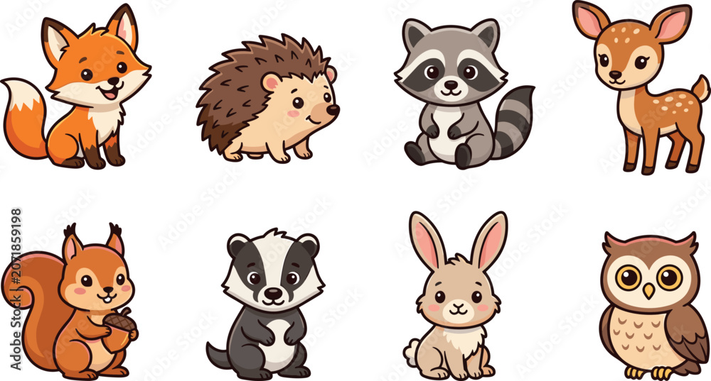 Fototapeta premium Cute Woodland Animals Vector Illustration Set Featuring Cartoon Fox Hedgehog Raccoon Deer Squirrel Badger Rabbit and Owl