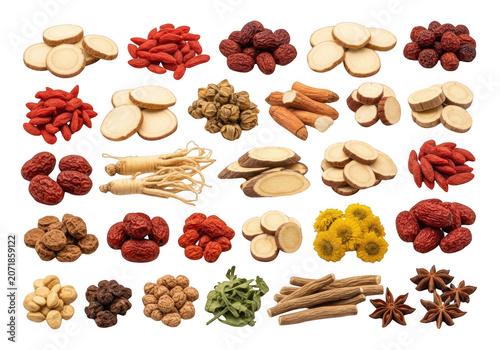 Assortment of dried medicinal herbs and roots arranged for health and wellness concepts Isolated on transparent background