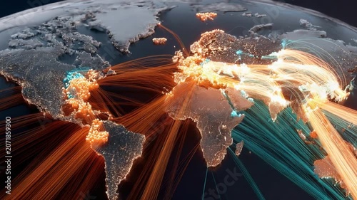Global Network Connections: A vibrant digital representation of the world map illustrates interconnected global networks.