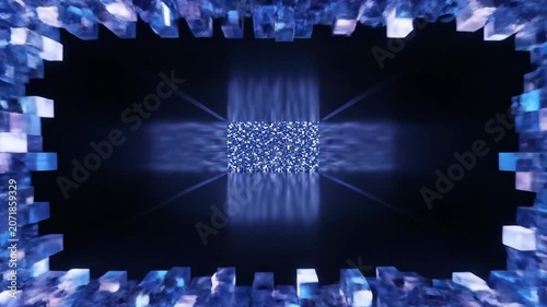 Abstract Blue Glitter Tunnel with Sparkling Particles and Light Rays Digital Art Background.