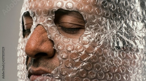 Hombre con rostro parcialmente cubierto por plástico de burbujas industrial