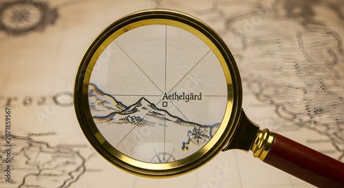 Magnifying glass over antique map, exploration concept
