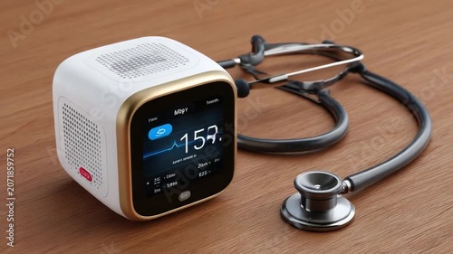 Medical Monitor and Stethoscope: A modern medical monitoring device, displaying vital signs, is placed alongside a traditional stethoscope, symbolizing advanced healthcare technology.