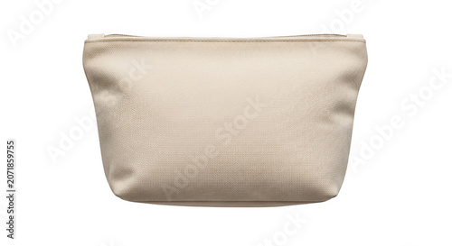 Beige satin cosmetic bag with zipper closure during studio lighting isolated on transparent background