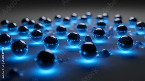 Abstract Blue Glowing Spheres on Dark Surface Futuristic Technology Concept