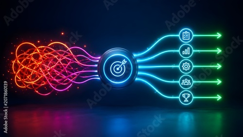 Tangled neon wires passing through central target node into straight organized green arrows. Concept of complex problem solving, workflow optimization, and automation.