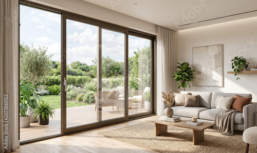 Modern living room with large bronze aluminum sliding doors and garden view