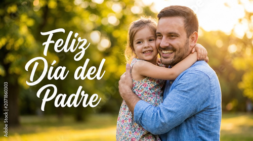 Smiling father hugging his young daughter in a sunny park. Feliz Dia del Padre text. Happy Spanish Father's Day greeting card