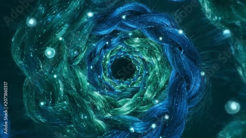 Abstract Blue Green Swirl with Glowing Particles Hypnotic Vortex Motion Background.