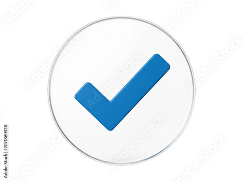 Blue checkmark symbol within a circular frame with soft lighting isolated on transparent background