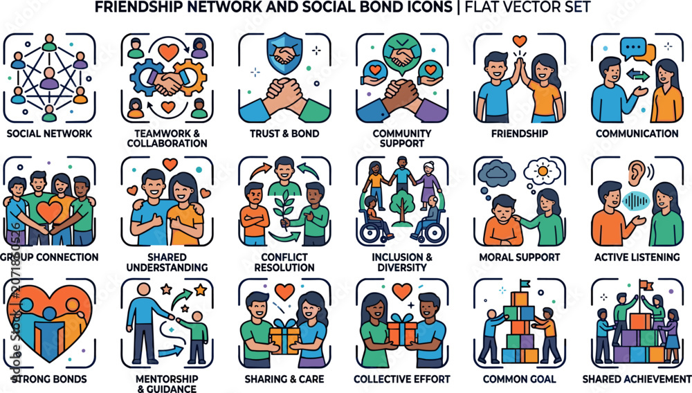 Fototapeta premium Friendship Network and Social Bond Icons – Flat Vector Set of 18 Community Illustrations