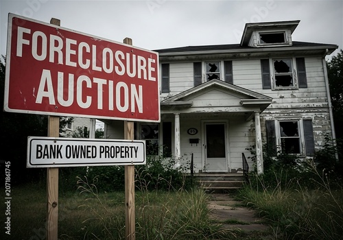 Abandoned Foreclosure House With Bank Owned Property and Auction Sign in Overgrown Yard