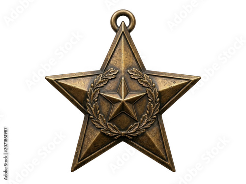Bronze star medal with laurel wreath detail during studio lighting isolated on transparent background