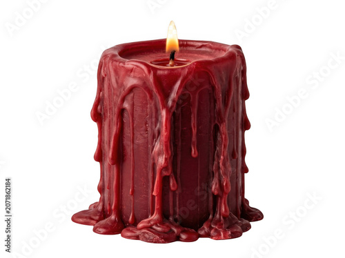 Burning red pillar candle with dripping wax during a warm glow isolated on transparent background