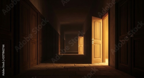 A dark hallway with a single door open to a bright room
