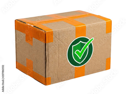 Cardboard shipping box with orange tape and a green checkmark shield sticker isolated on transparent background