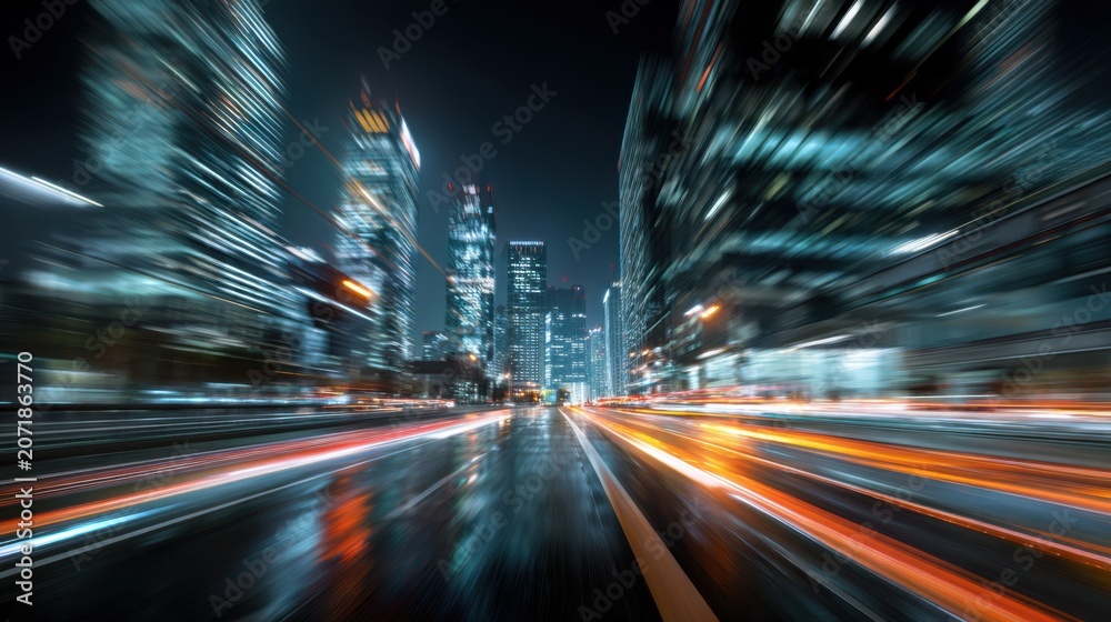 Obraz premium Futuristic city street at night with light trails from vehicles. Tall buildings with glowing windows create a sense of speed and advanced technology. 