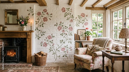 A cozy rustic cottage interior featuring a floral-painted white brick wall, a wood-burning stove, and a comfortable floral armchair by the window.