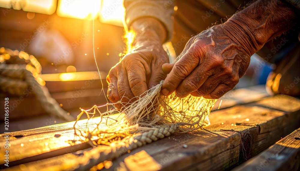 Obraz premium Weathered Hands Mending Fishing Net at Sunrise