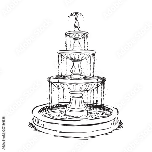 A beautiful three-tiered fountain with water flowing in a garden setting.
