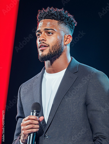 Confident young man delivering a motivational speech on stage with a microphone in hand against a vibrant background