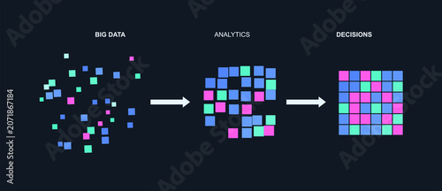Big data analytics infographic, colored square grid, dark navy.