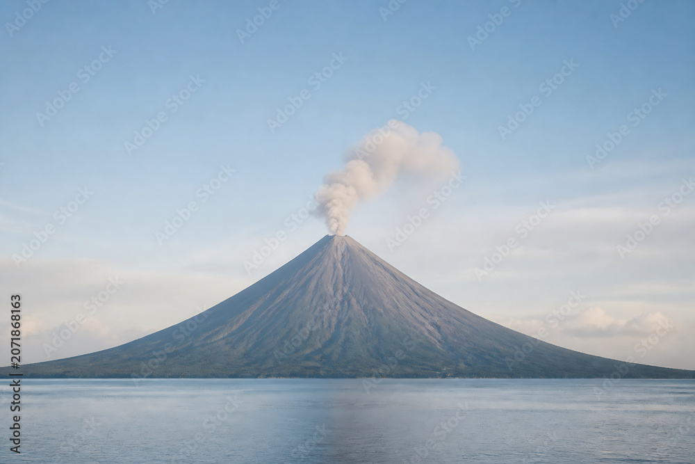 Fototapeta premium A large volcano emitting smoke rises above a calm body of water under a pale blue sky.