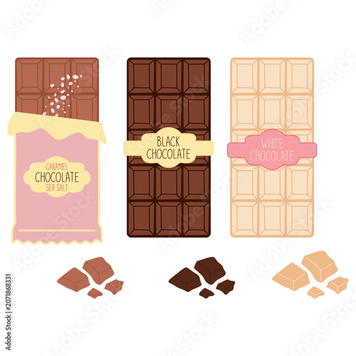 Chocolate bars displaying different flavors with sweet pieces