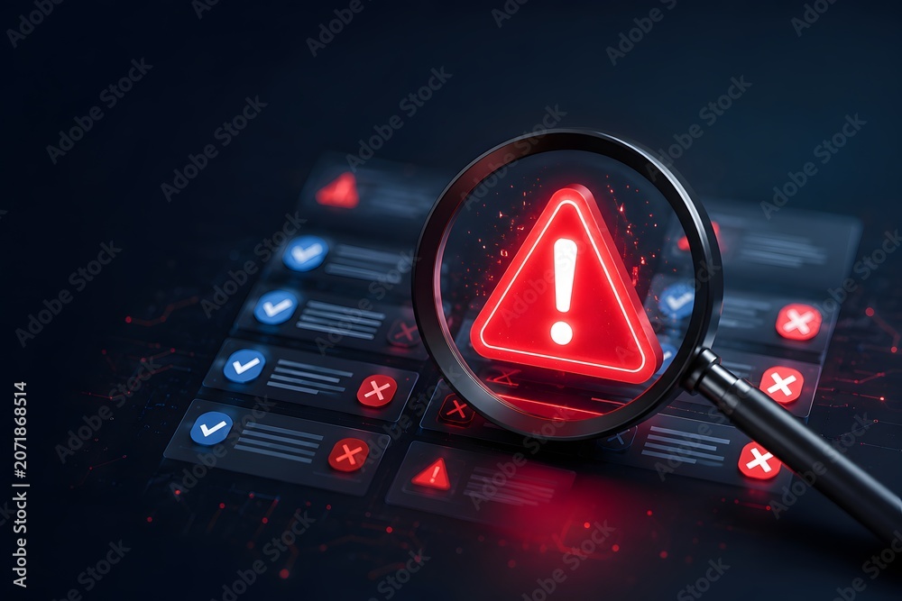 Fototapeta premium Magnifying glass focusing on glowing red warning triangle over digital interface checklist. Concept of cybersecurity vulnerability scanning, software error detection, and quality audit.