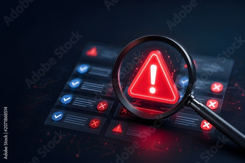 Magnifying glass focusing on glowing red warning triangle over digital interface checklist. Concept of cybersecurity vulnerability scanning, software error detection, and quality audit.