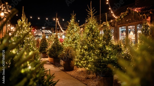  Christmas tree market with festive lights and fresh trees.
